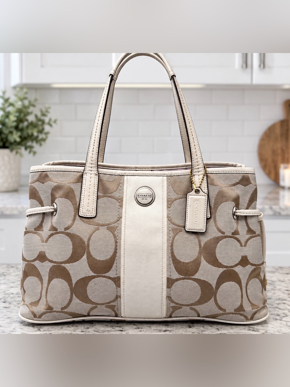 Coach Signature Stripe Carryall Bag Tote F21949 Khaki/Chalk